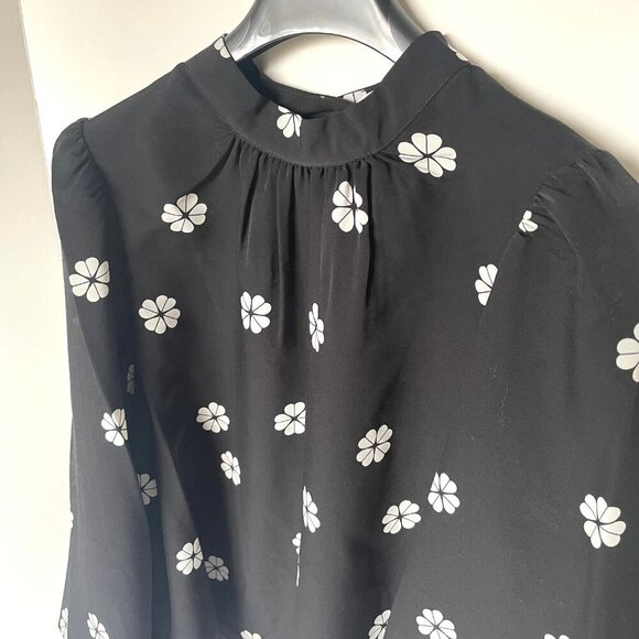 Kate Spade Blouse Womens Black Mock Neck Floral Puff Bell Sleeve Crepe Top - Picture 4 of 10